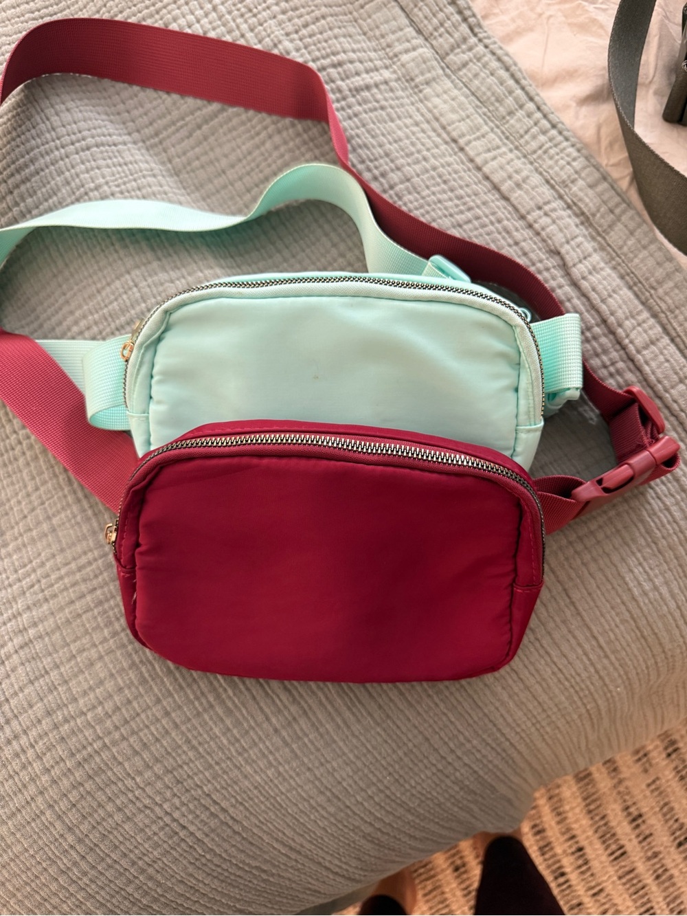 Mint and Burgundy Double Pocket Crossbody Belt Bag